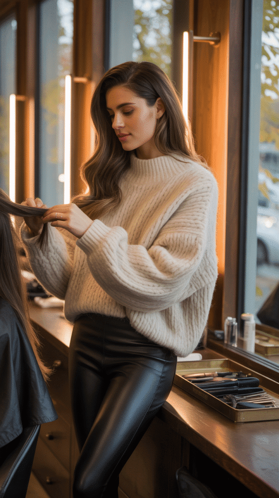 28 Cozy Hairstylist Outfits for Work in Fall 5 Chunky Knit Sweater with Leather Leggings