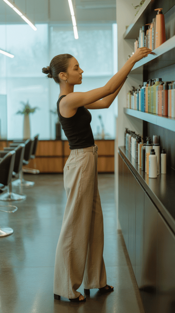 34 Breezy Summer Hairstylist Outfits for Work 2 Linen Wide-Leg Pants with Fitted Tank Top