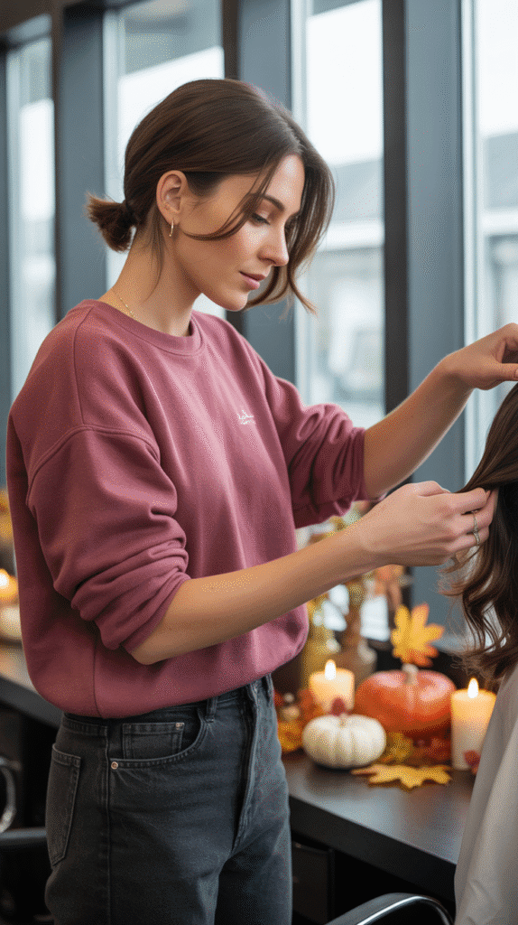 28 Cozy Hairstylist Outfits for Work in Fall 2 Burgundy Sweater with Dark Denim Jeans