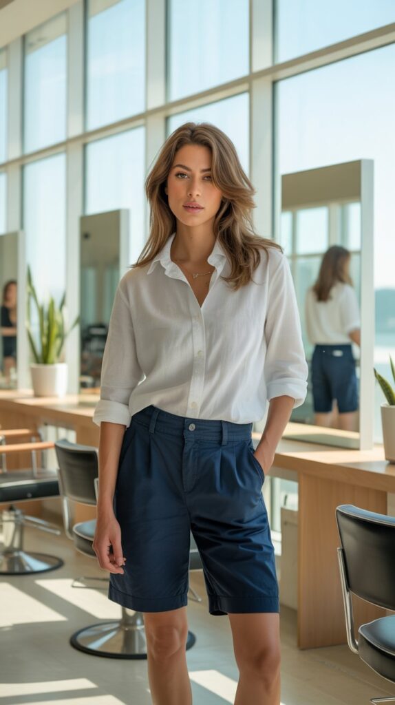 30 Casual Hairstylist Outfits for Work 26 Bermuda Shorts with Linen Button-Down