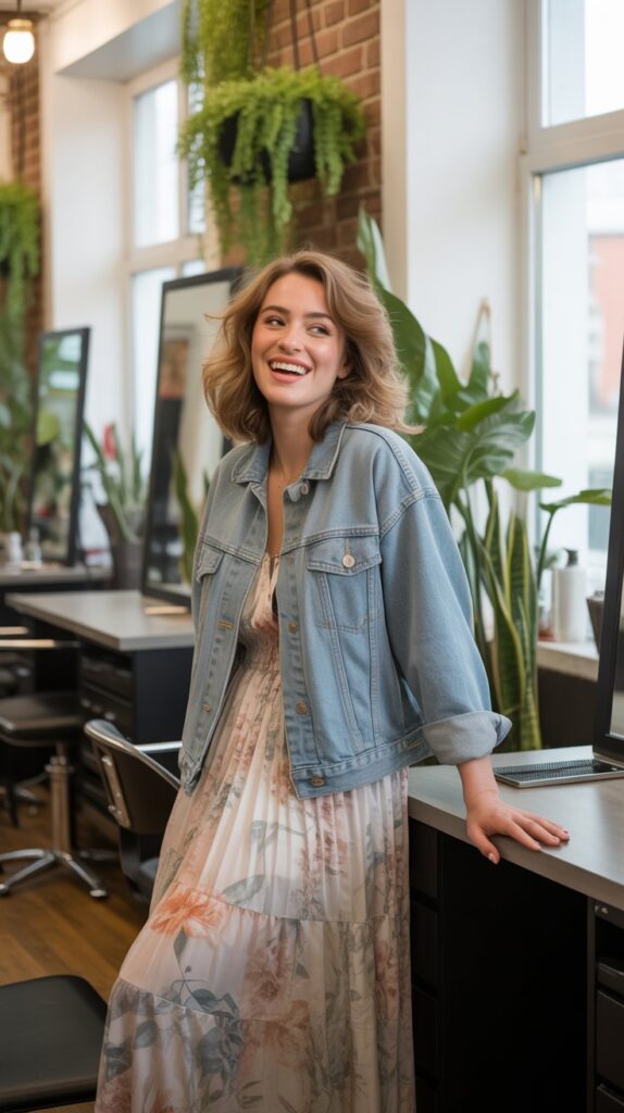 30 Casual Hairstylist Outfits for Work 13 Printed Maxi Dress with Denim Jacket