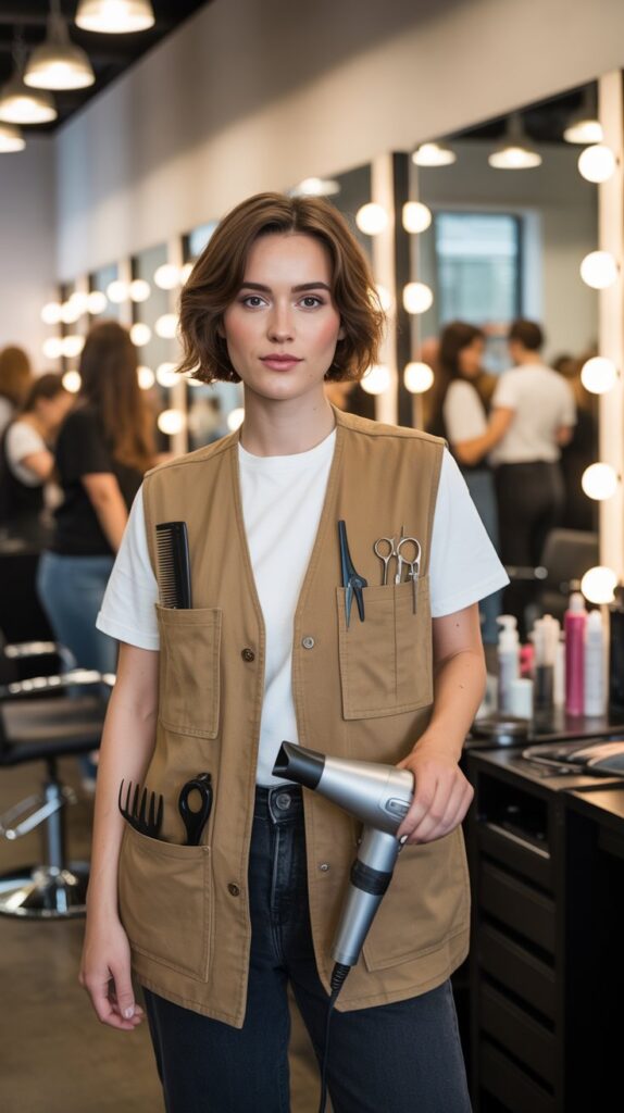 30 Casual Hairstylist Outfits for Work 19 Utility Vest over T-Shirt and Jeans