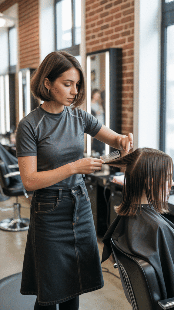 34 Breezy Summer Hairstylist Outfits for Work 29 Denim Skirt with Moisture-Wicking Tee