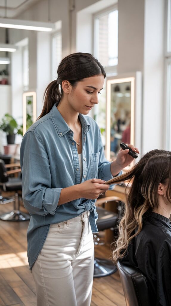 29 Professional Hairstylist Work Outfits for Women 23 . Chambray Shirt for Approachable Style