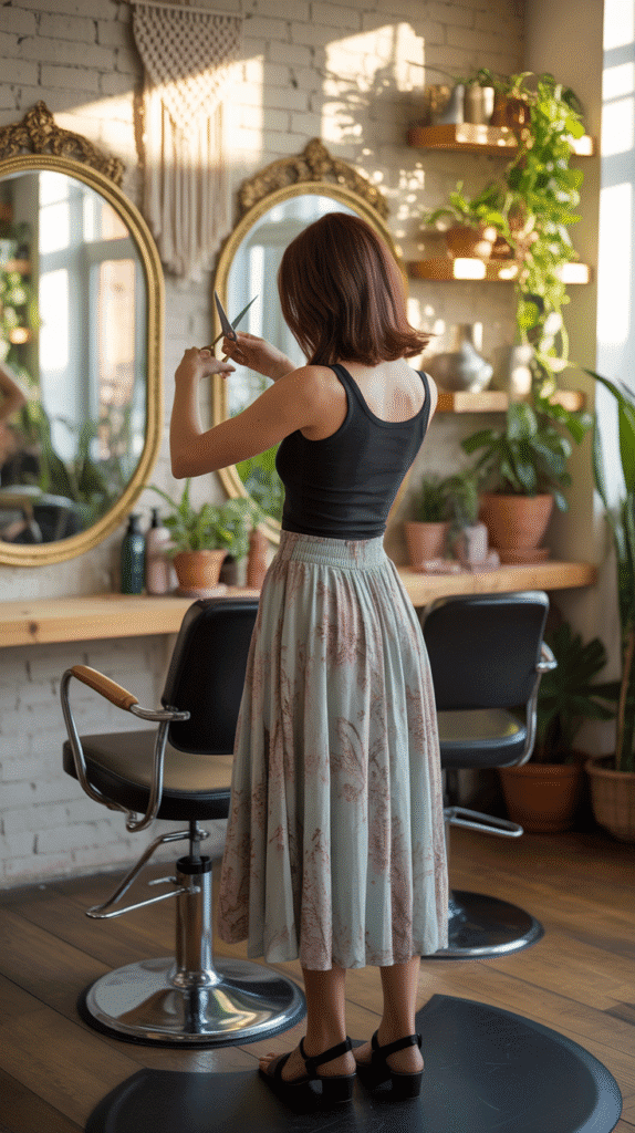 34 Breezy Summer Hairstylist Outfits for Work 7 Flowy Midi Skirt with Tucked-In Tank