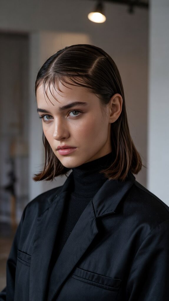 Long Bob with Curtain Bangs and Wet Look Styling