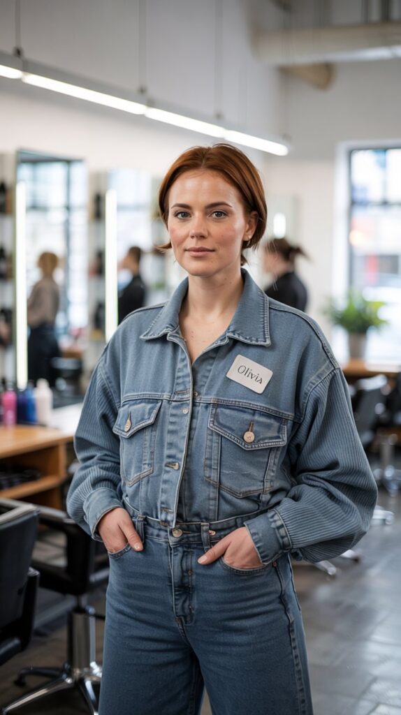 29 Professional Hairstylist Work Outfits for Women 9 Denim on Denim with Contrasting Textures