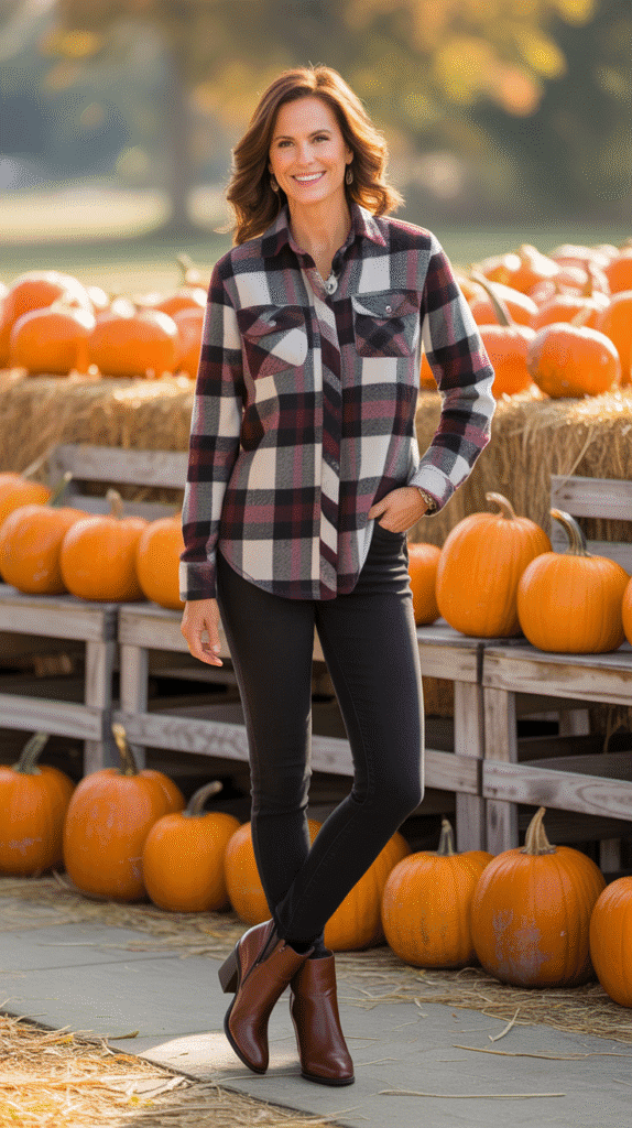 30 Stylish Casual Fall Outfits for Women Over 40 7 Plaid Shirt with Black Jeans