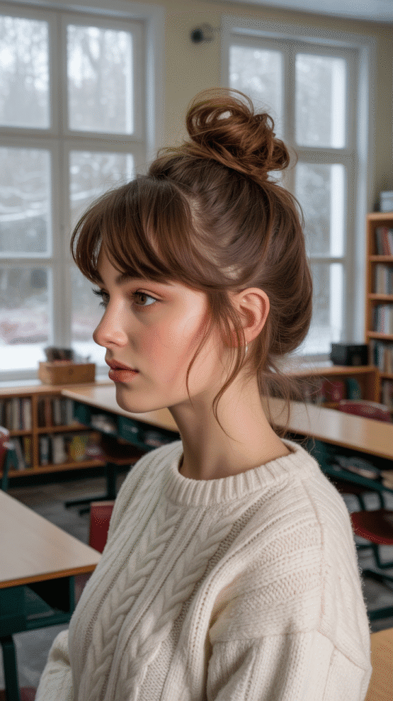 27 Elegant Cute Winter Updo Hairstyles for School 3 Messy Top Knot with Face-Framing Pieces