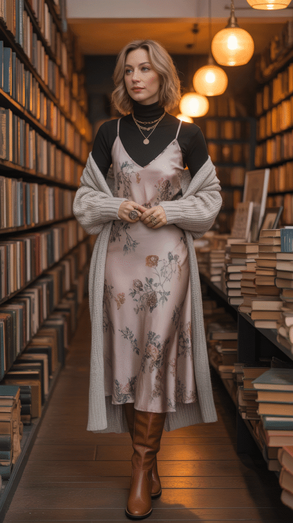  Turtleneck Under Slip Dress with Boots