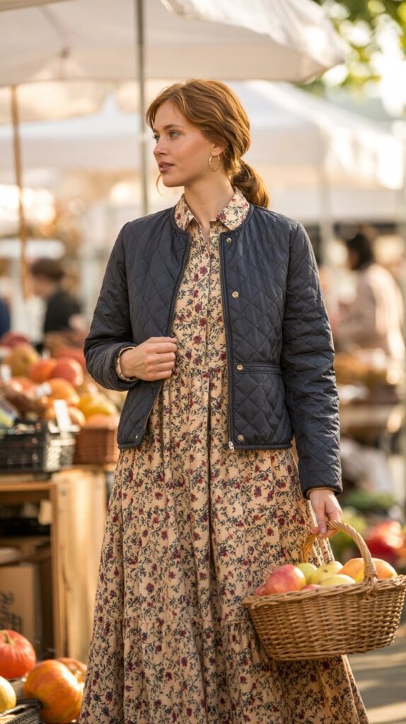 32 Casual Night-Out Fall Outfits for Women 24 Quilted Jacket with Midi Dress