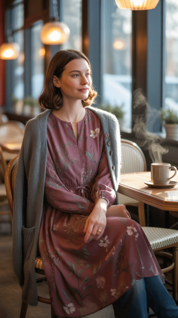 24 Elegant Winter Dress Outfits for Women for Every Occasion 12 Printed Winter Dress with Solid Cardigan