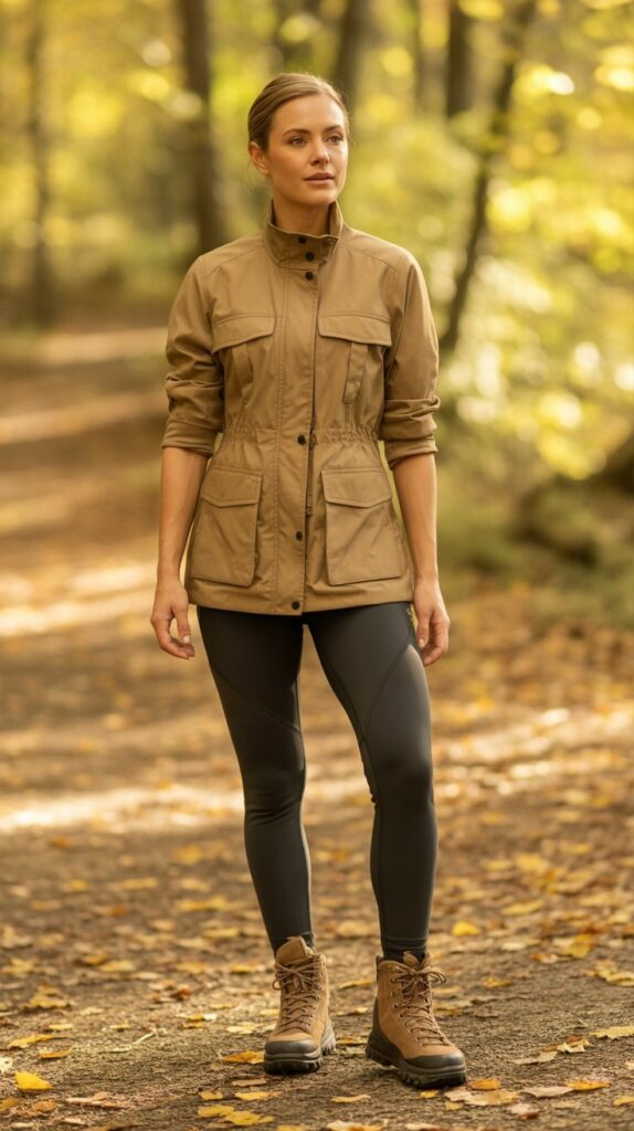 33 Trendy Casual Fall Outfits for Women with Leggings 26 Utility Jacket and Leggings