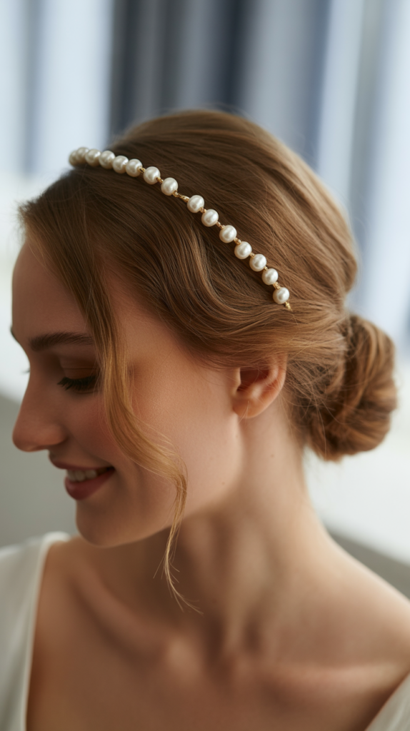 Romantic Low Chignon with Pearl Headband