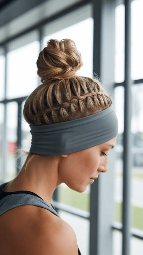 27 Greasy Hair Hairstyles with a Headband 25 Braided Bun with Athletic Headband
