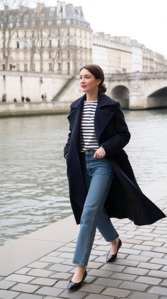 25 Casual Winter Outfits for Women That Are Cute and Comfy 19 Peacoat with Striped Shirt, Jeans, and Ballet Flats