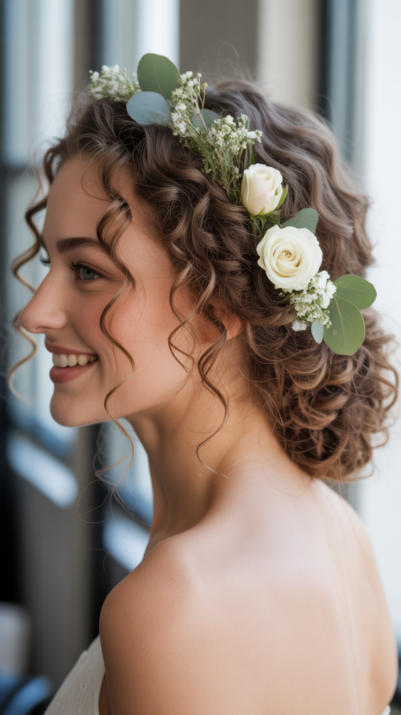 Loose Curly Chignon with Flowers