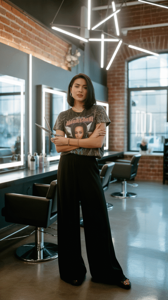 27 Everyday Hairstylist Work Outfits 8 Graphic Tee with Wide-Leg Pants