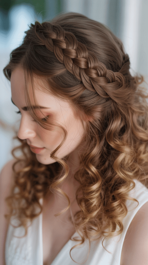 Best 30+ Wedding Hairstyles for Long Curly Hair 29 Half-Crown Braid with Voluminous Curls