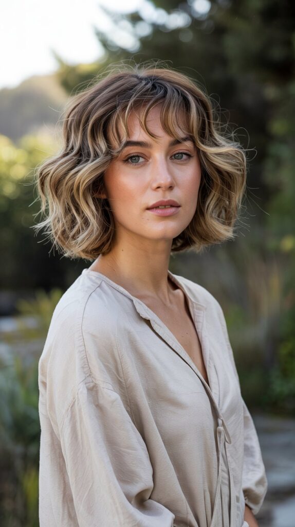 Textured Wavy Long Bob with Feathered Curtain Bangs