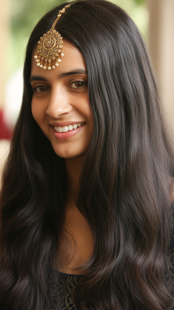 Straight Hair with Decorative Maang Tikka