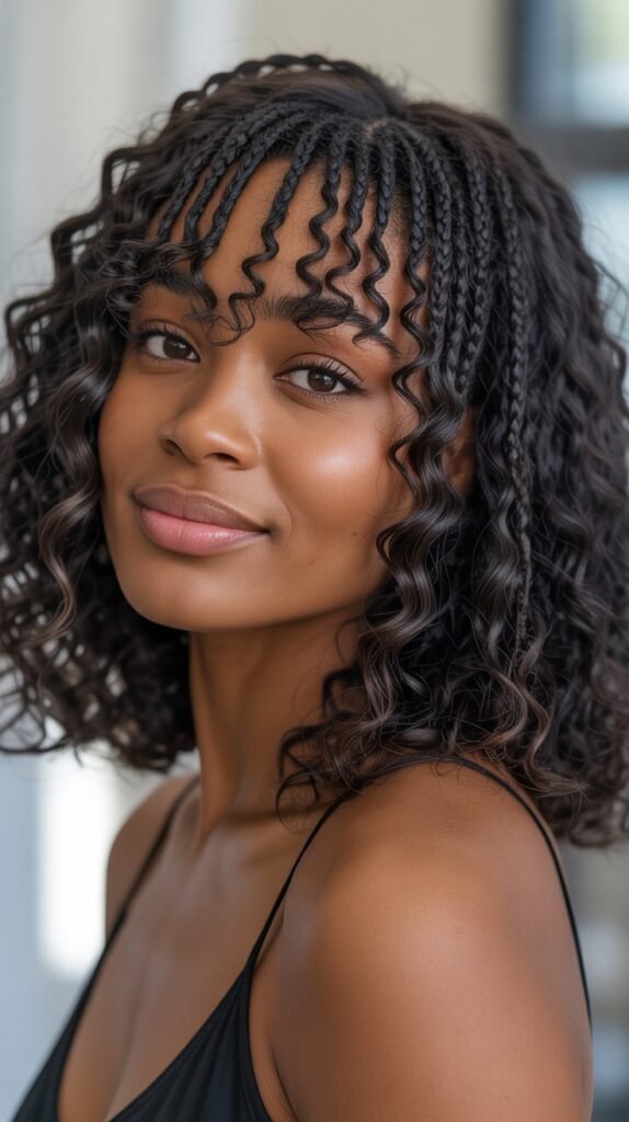 Natural Long Bob with Braid-Out Curtain Bangs