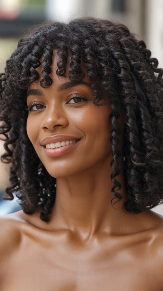 Natural Long Bob with Twist-Out Curtain Bangs