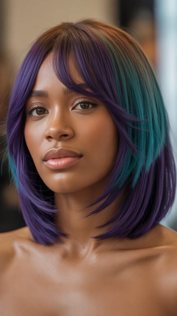 Long Bob with Colored Tips and Curtain Bangs