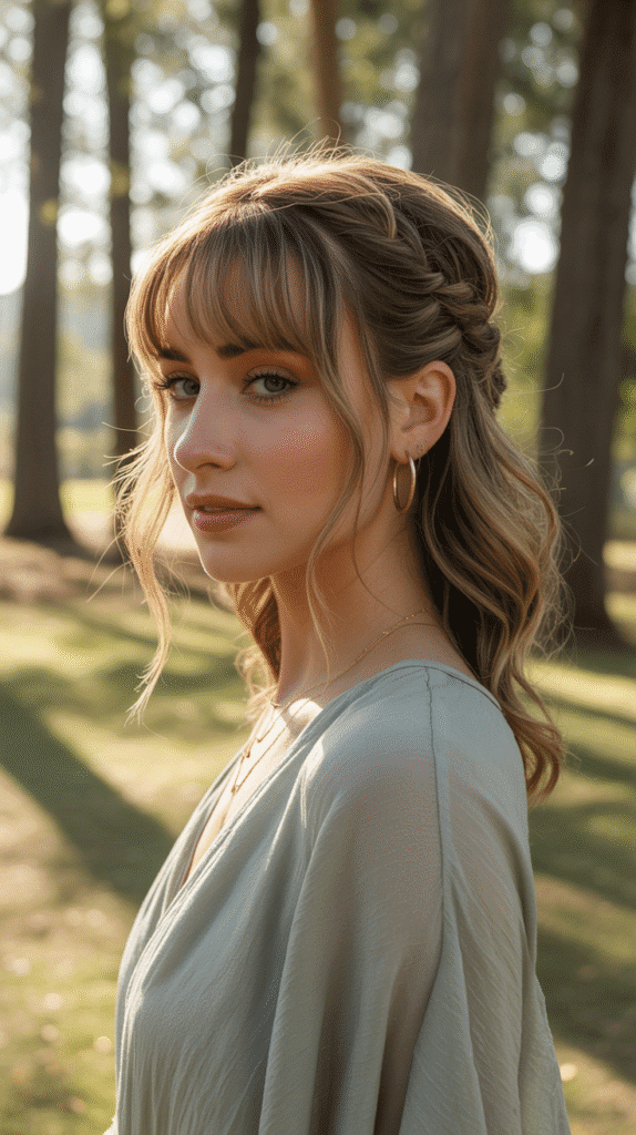 30+ Classy Bridesmaid Updo Hairstyles with Bangs 29 Twisted Half-Crown with Curtain Bangs