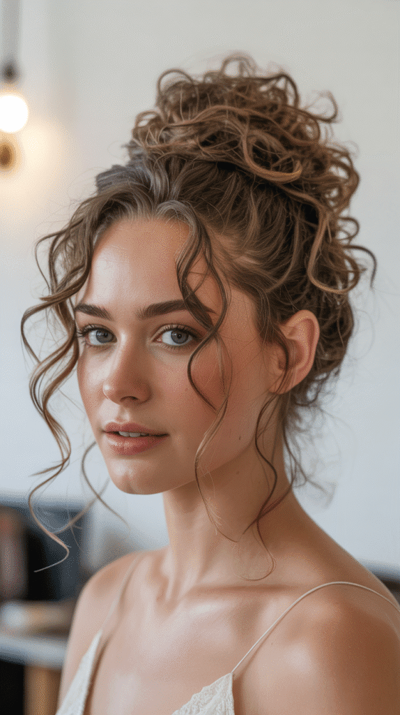 Best 30+ Wedding Hairstyles for Long Curly Hair 18 Messy Curly Top Knot