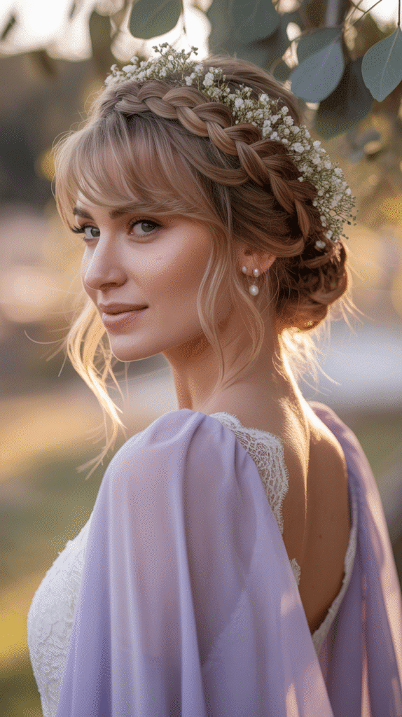 30+ Classy Bridesmaid Updo Hairstyles with Bangs 3 Romantic Braided Crown with Side-Swept Bangs