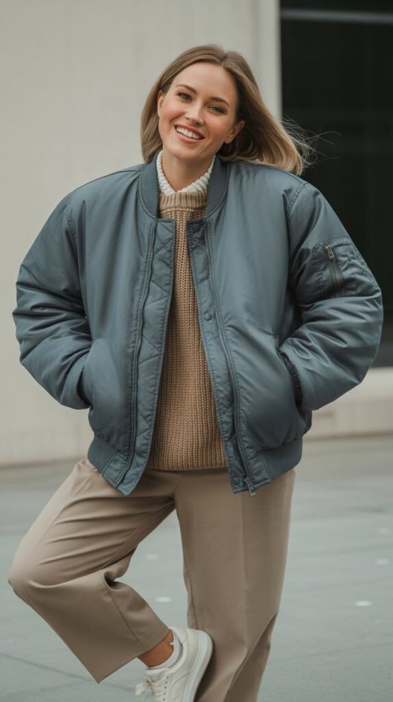 Bomber Jacket with Sweater, Chinos, and White Sneakers