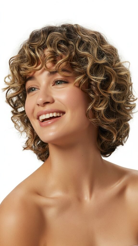 Bouncy Curly Lob with Short Curtain Bangs