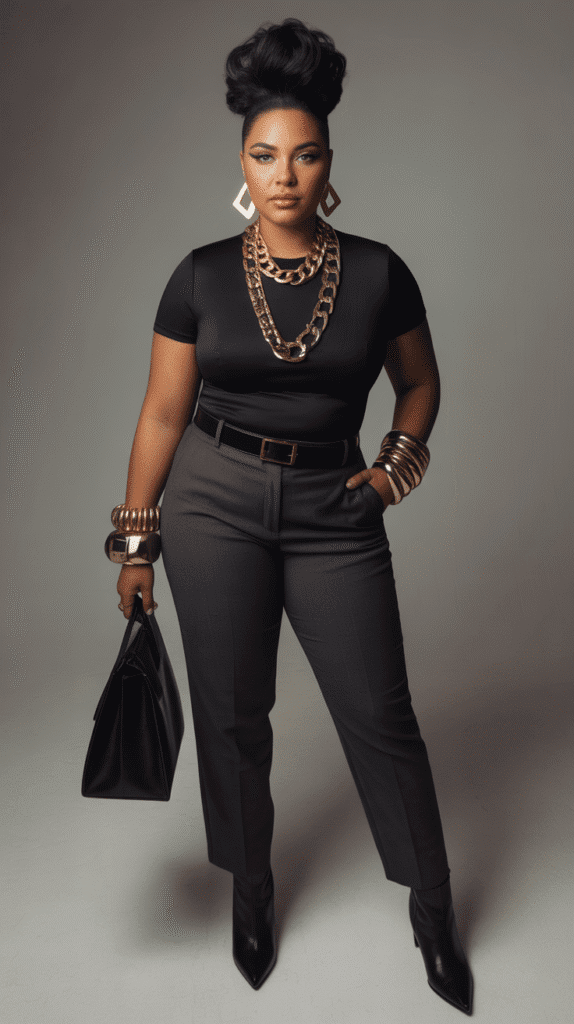 32 Flattering Plus-Size Hairstylist Outfits for Work 26 Accessorized Basic Outfits