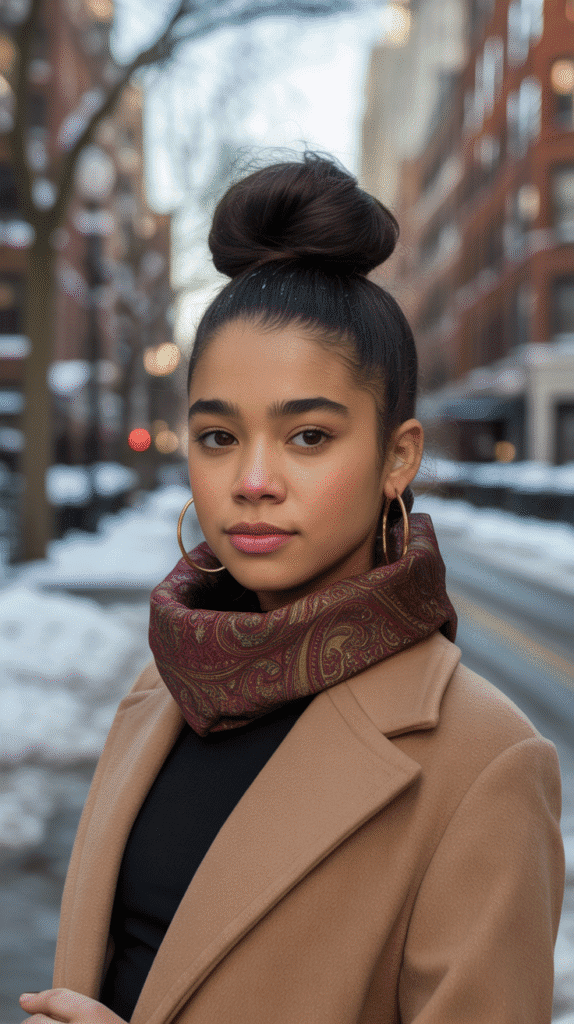27 Stylish Cute Winter Hairstyles for Teens 20 Top Knot with Wrapped Scarf