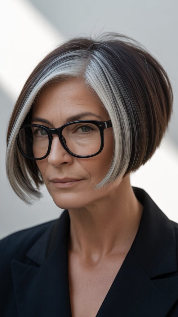 Best 27+ Hairstyles for Thin Fine Hair Over 60 with Glasses 18 Angled Bob with Undercut