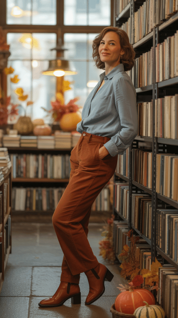 30 Stylish Casual Fall Outfits for Women Over 40 17 Chambray Shirt with Corduroy Pants