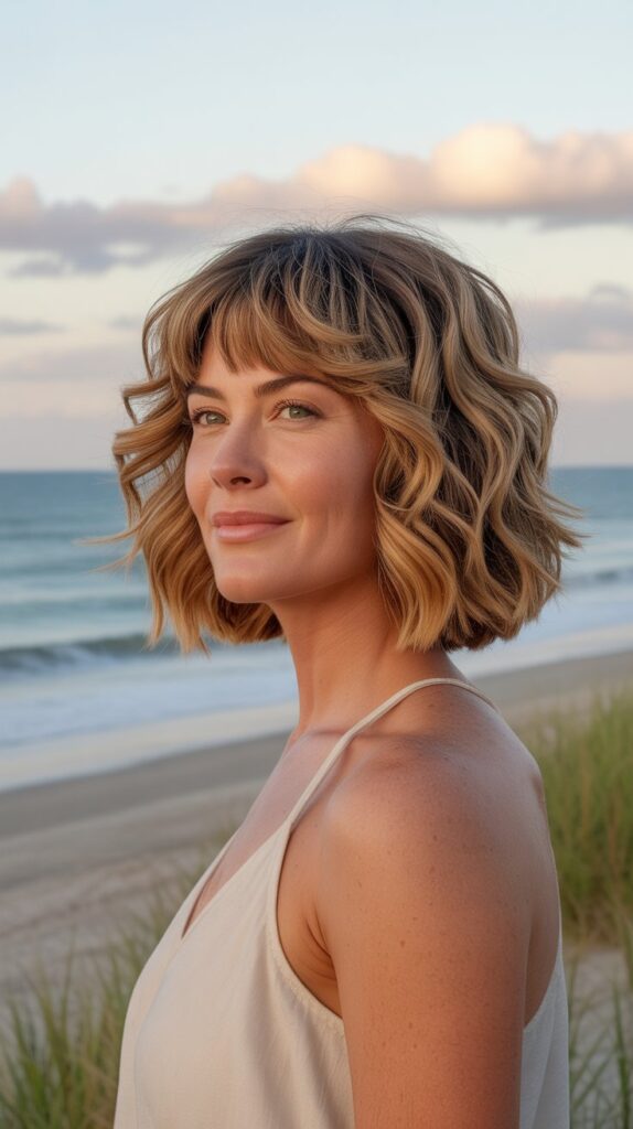 30 Stylish Long Bob with Curtain Bangs for Women Over 40 5 Wavy Long Bob with Feathered Curtain Bangs