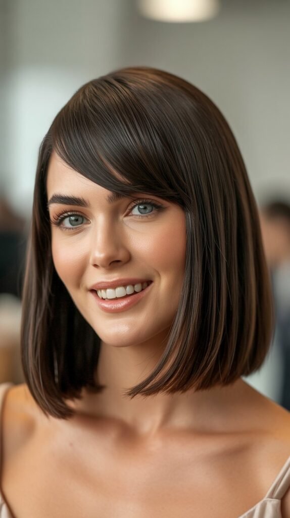 . Long Bob with Curtain Bangs for Thick Hair