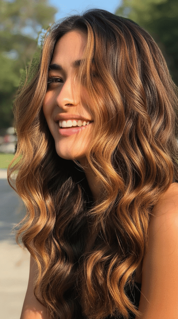 Bright Caramel Highlights on Medium Brown Waves