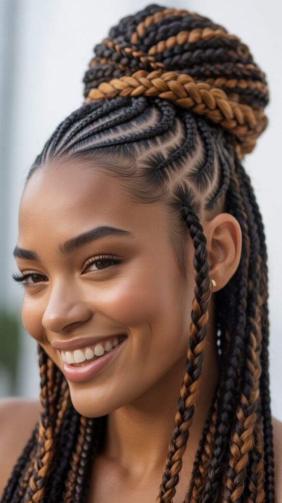  Cornrow Updo with Caramel Accent Braids