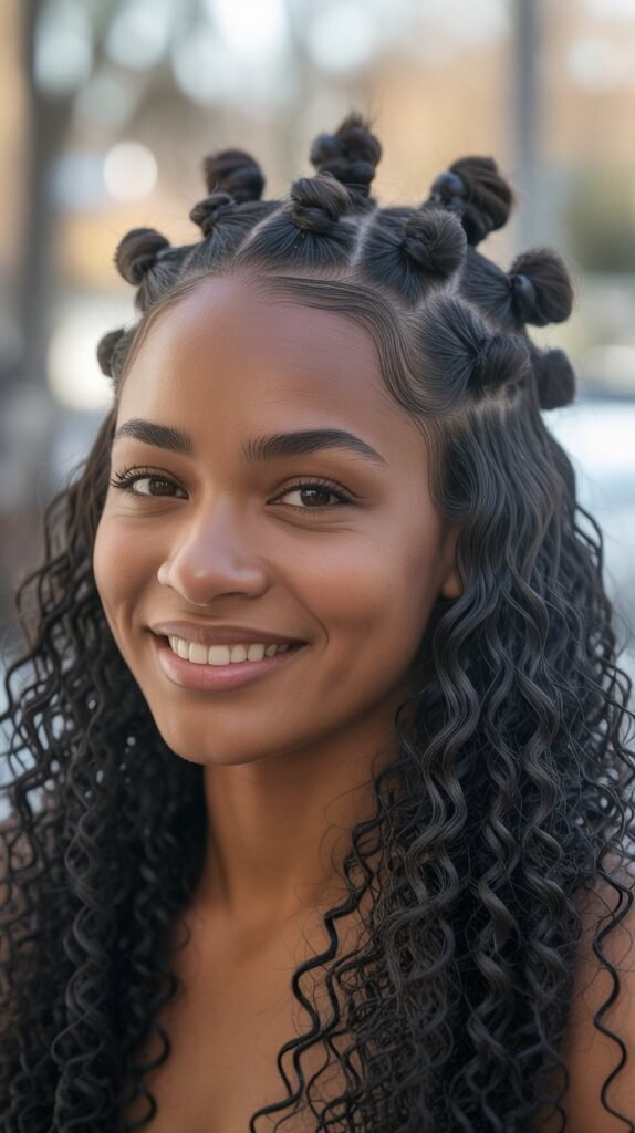 Half-Up, Half-Down with Bantu Knot Top