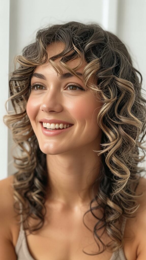 Graduated Curly Lob with Angled Curtain Bangs