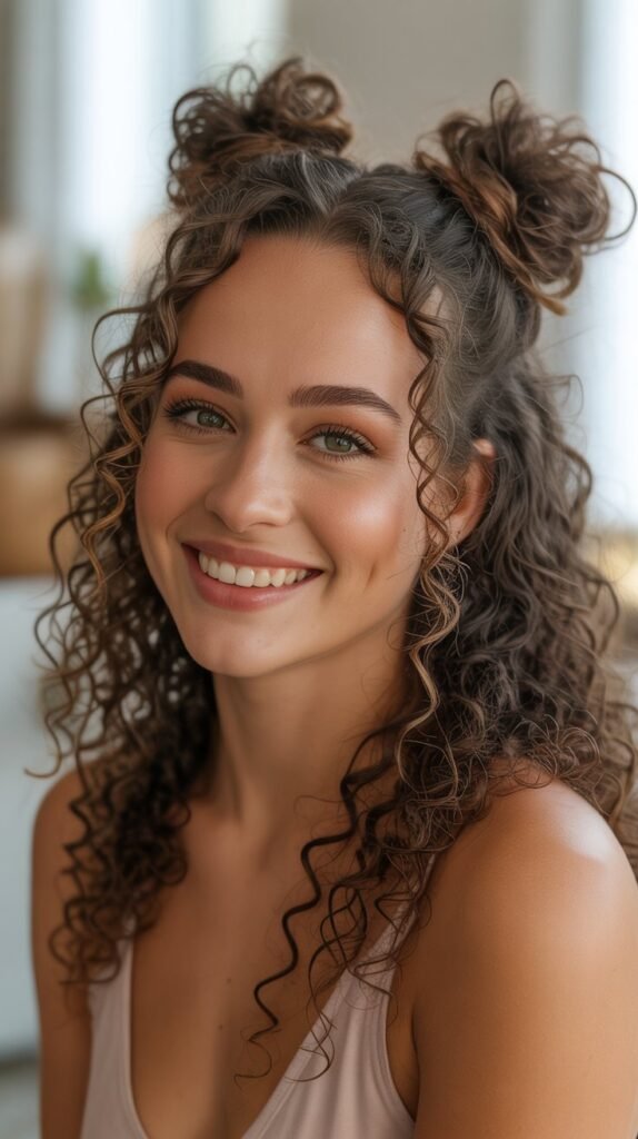 Half-Up Curly Space Buns
