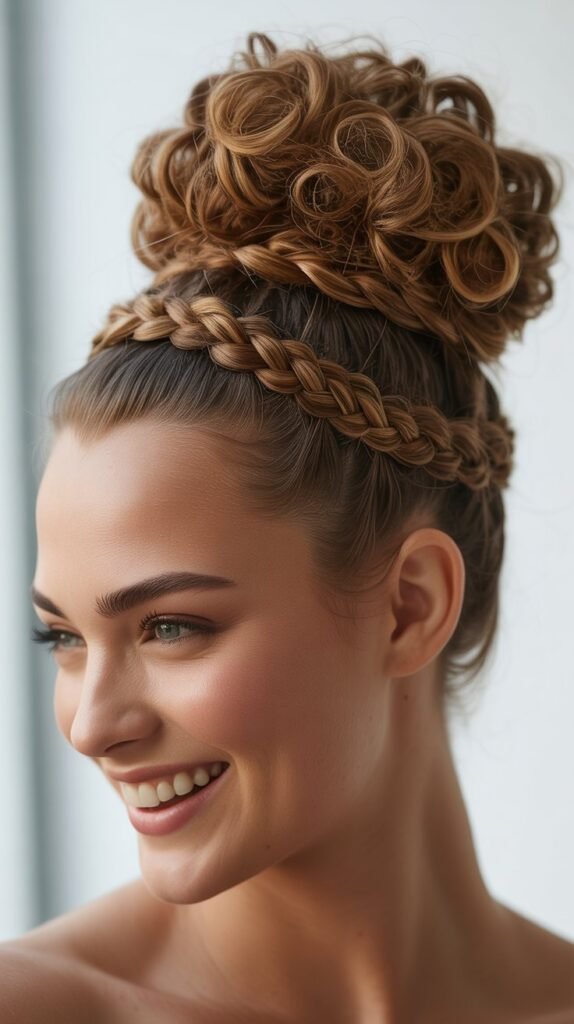 High Curly Bun with Braided Wrap