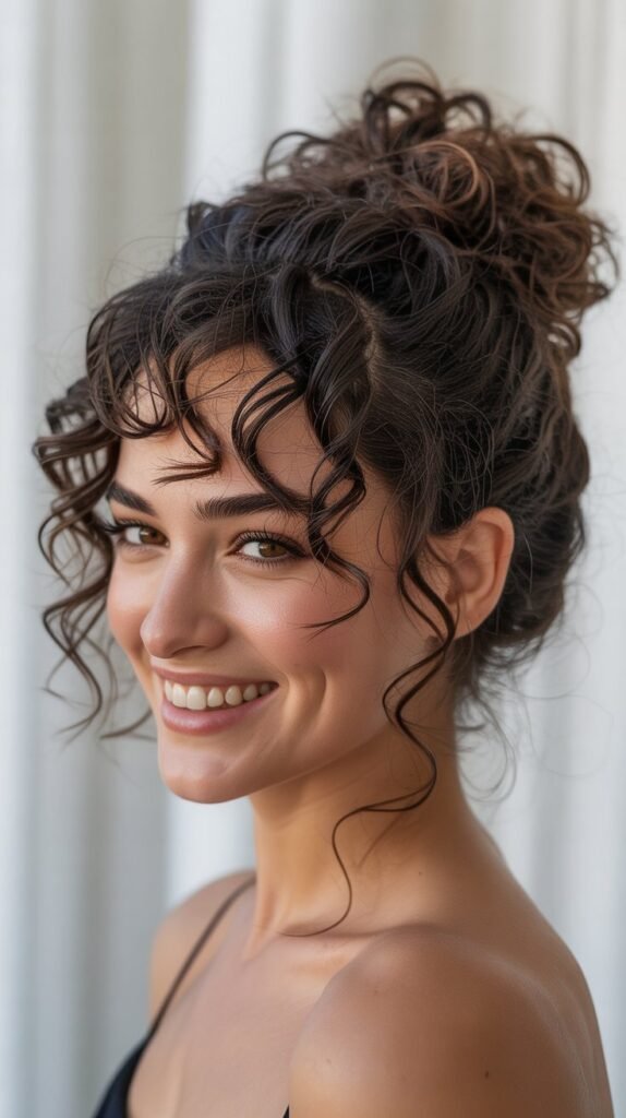 Messy Curly Bun with Face-Framing Pieces