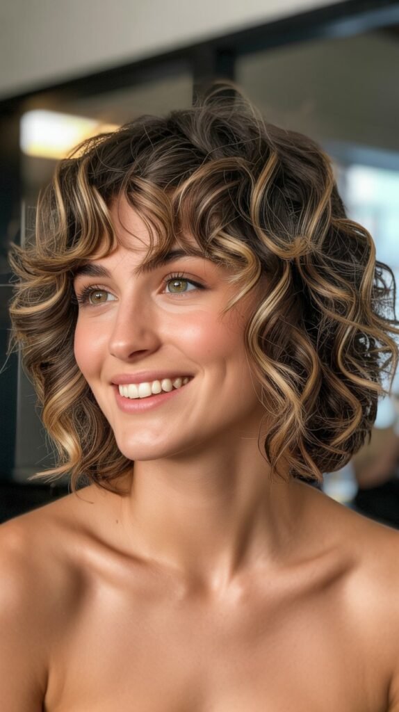 Curly Bob with Curtain Bangs and Balayage Highlights