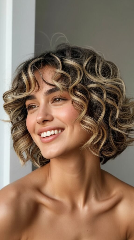 . Curly Bob with Curtain Bangs and Money Pieces