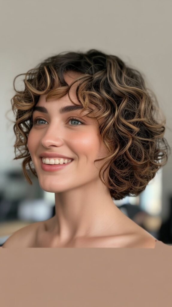 Curly Hair with Angled Bob and Bangs