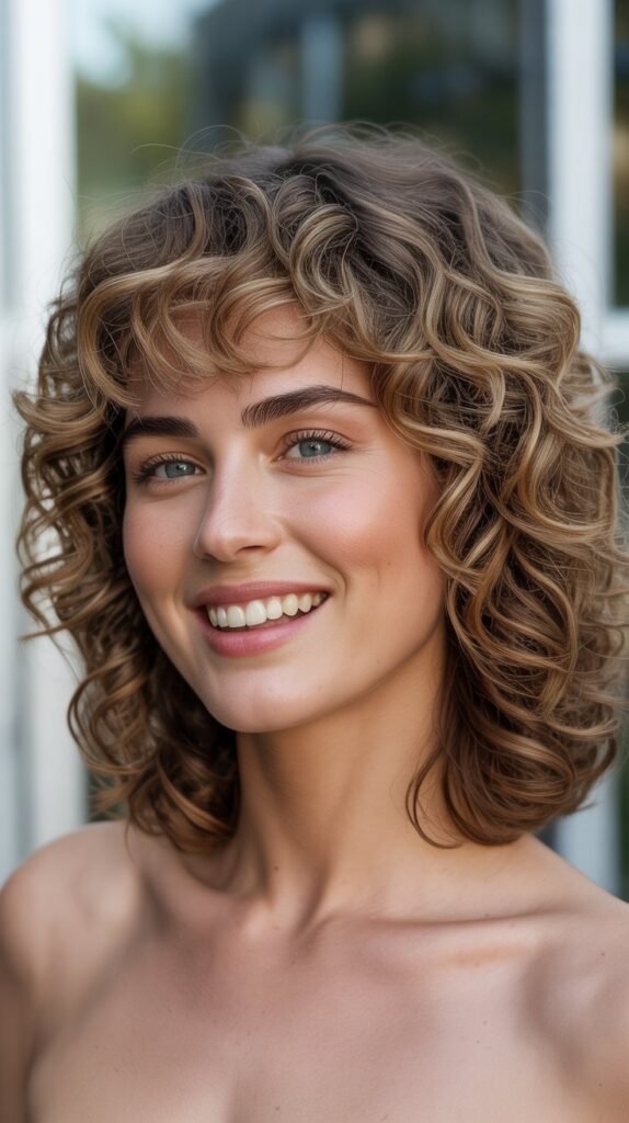 Voluminous Curly Lob with Curtain Bangs and Root Lift